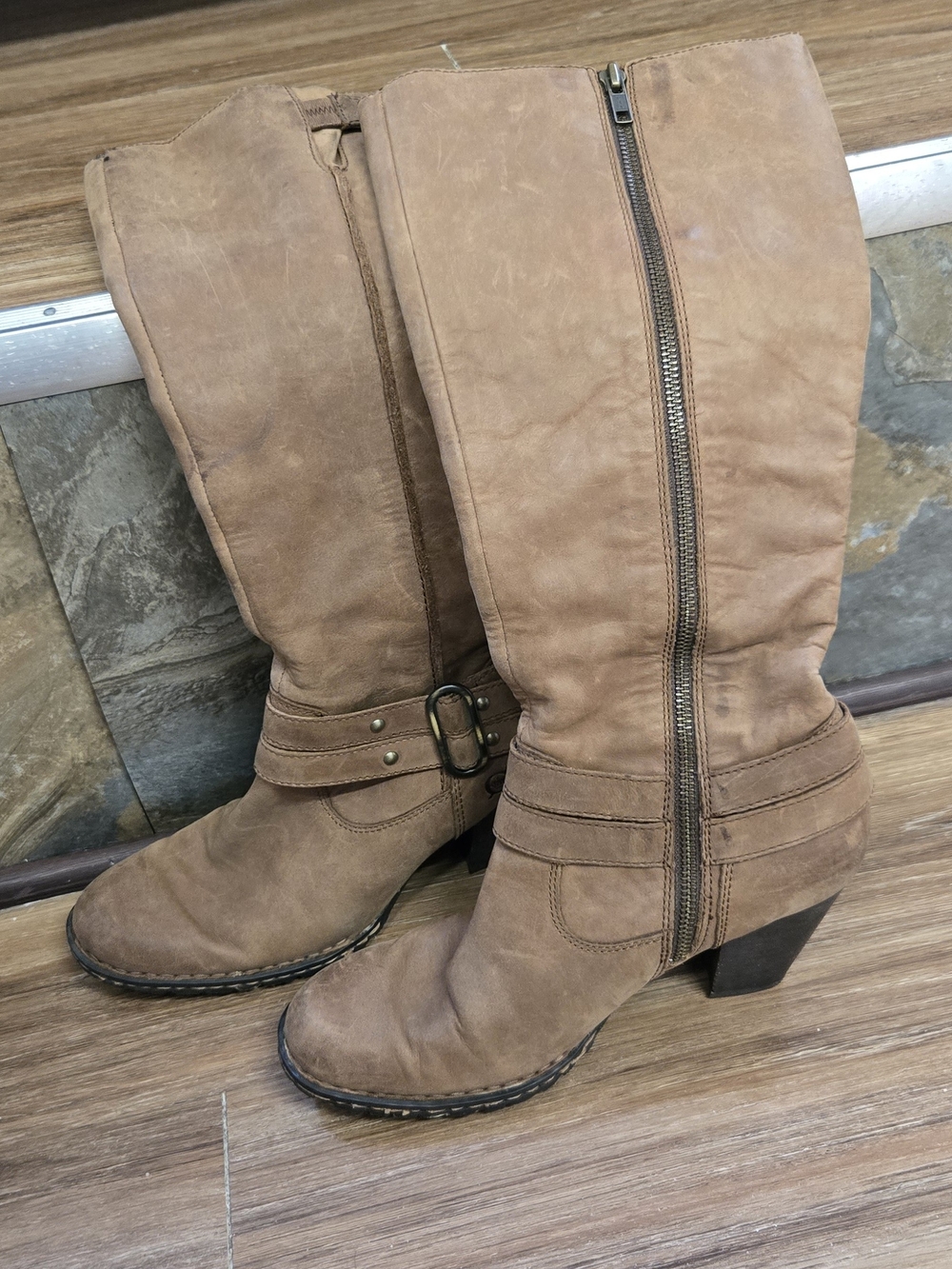 Women's BORN Tan Mid-Calf Zip Heeled Boots